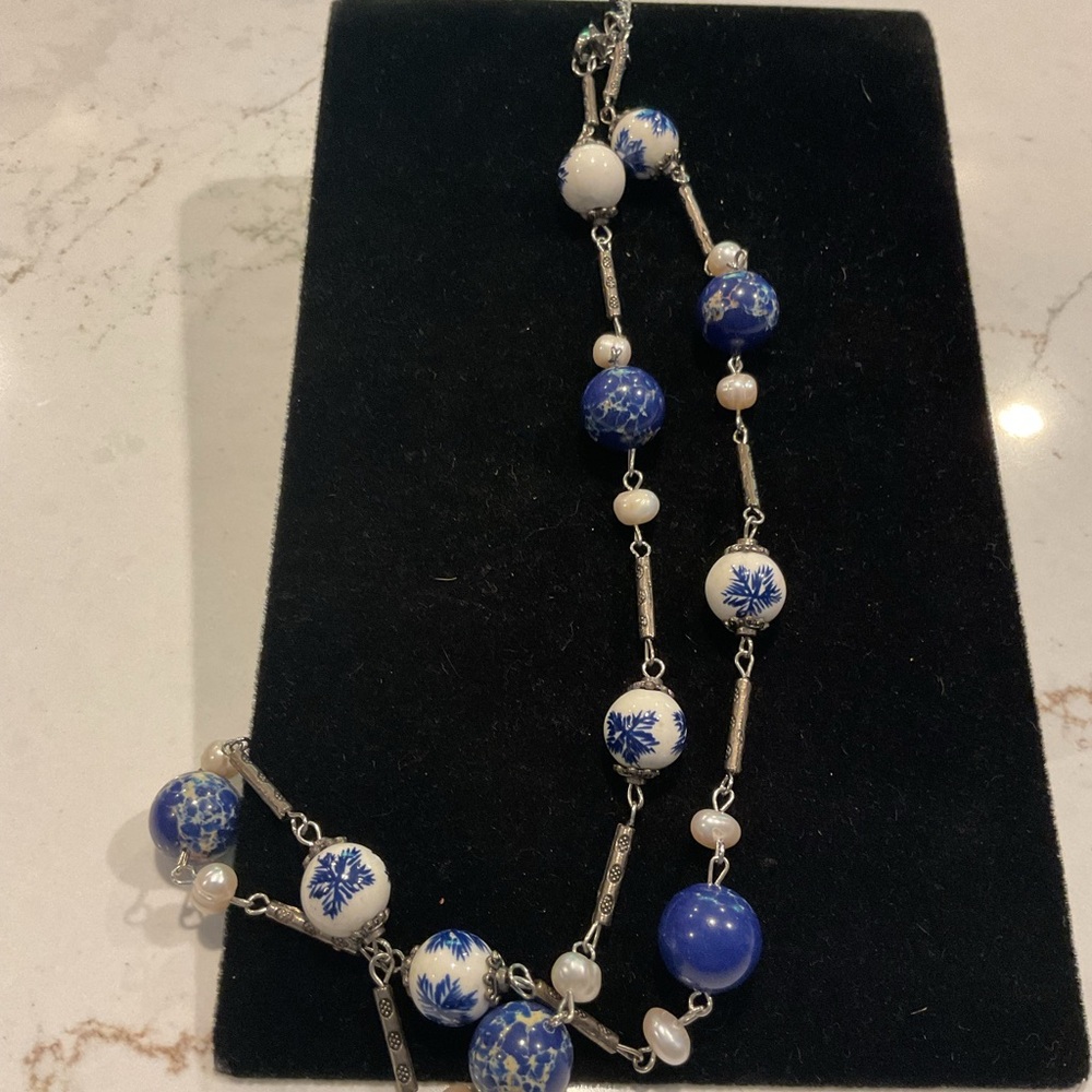 Silver Blue & White Porcelain Beads with Pearls Necklace